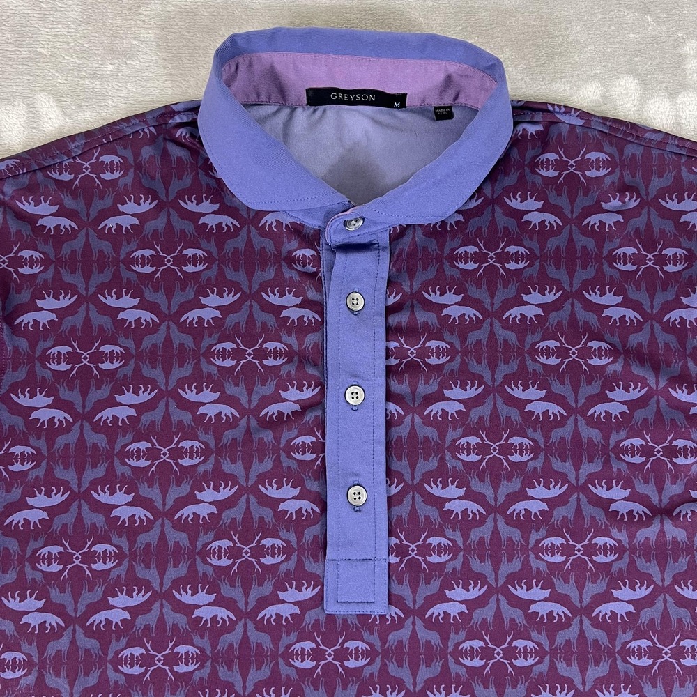 Greyson Polo Shirt Mens Medium Purple Animal Print Golf Performance Stretch